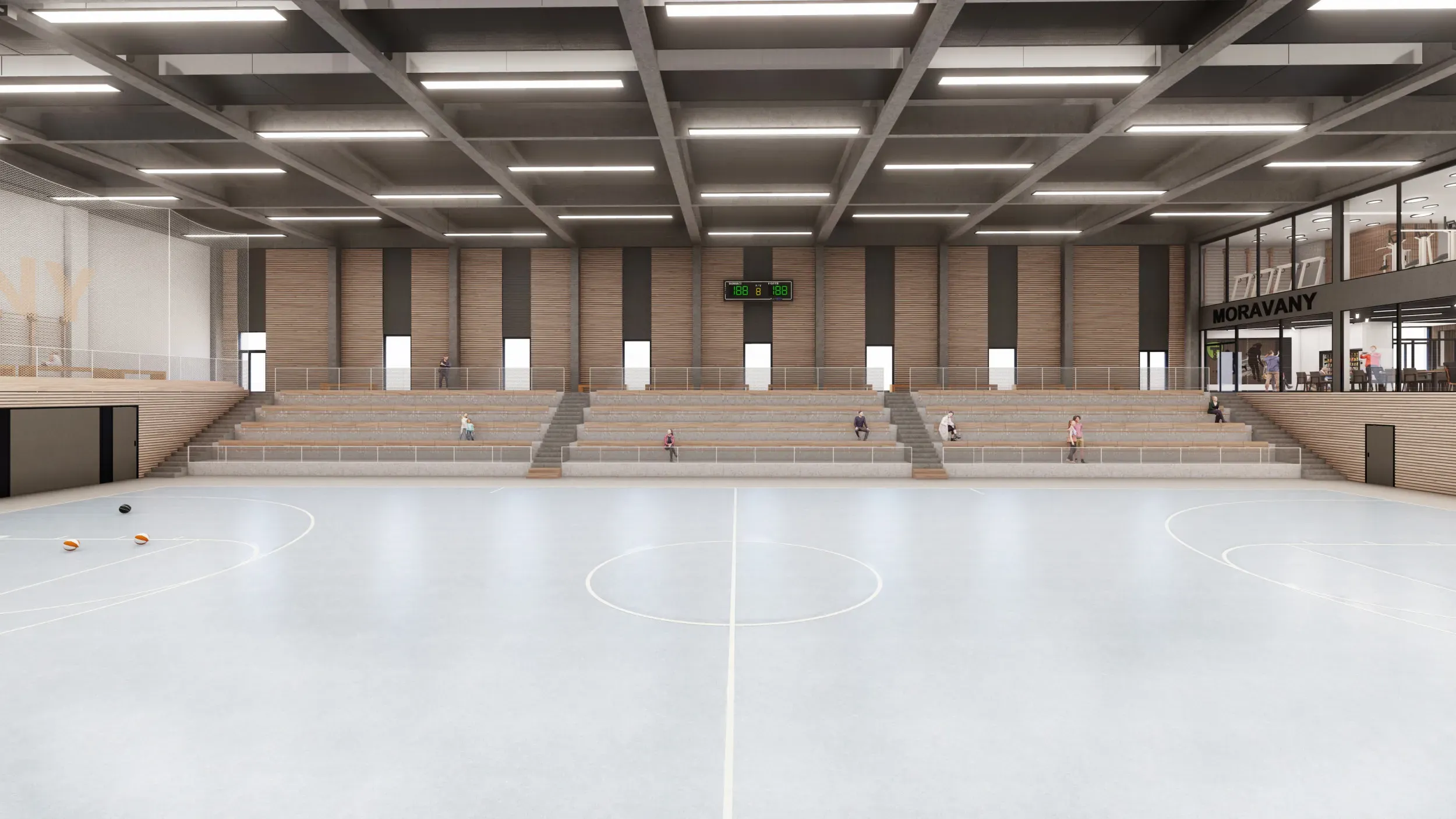 Otevřená hrací plocha s nakresleným ohraničením na podlaze, za plochou se nachází velká tribuna. Na zdi za tribunou se potom nachází digitální ukazatel skoré.